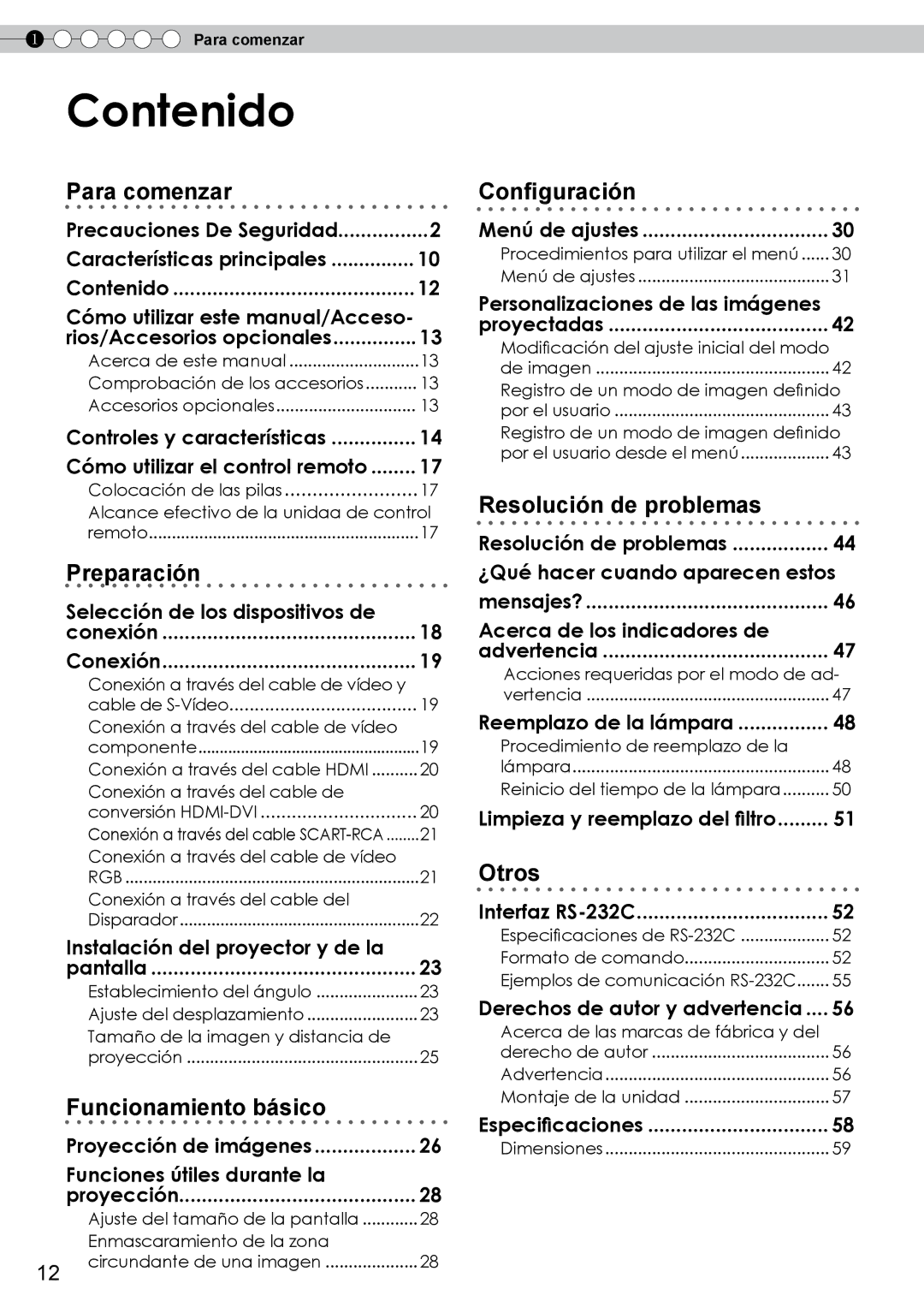 JVC DLA-RS10 manual Contenido, Para comenzar 