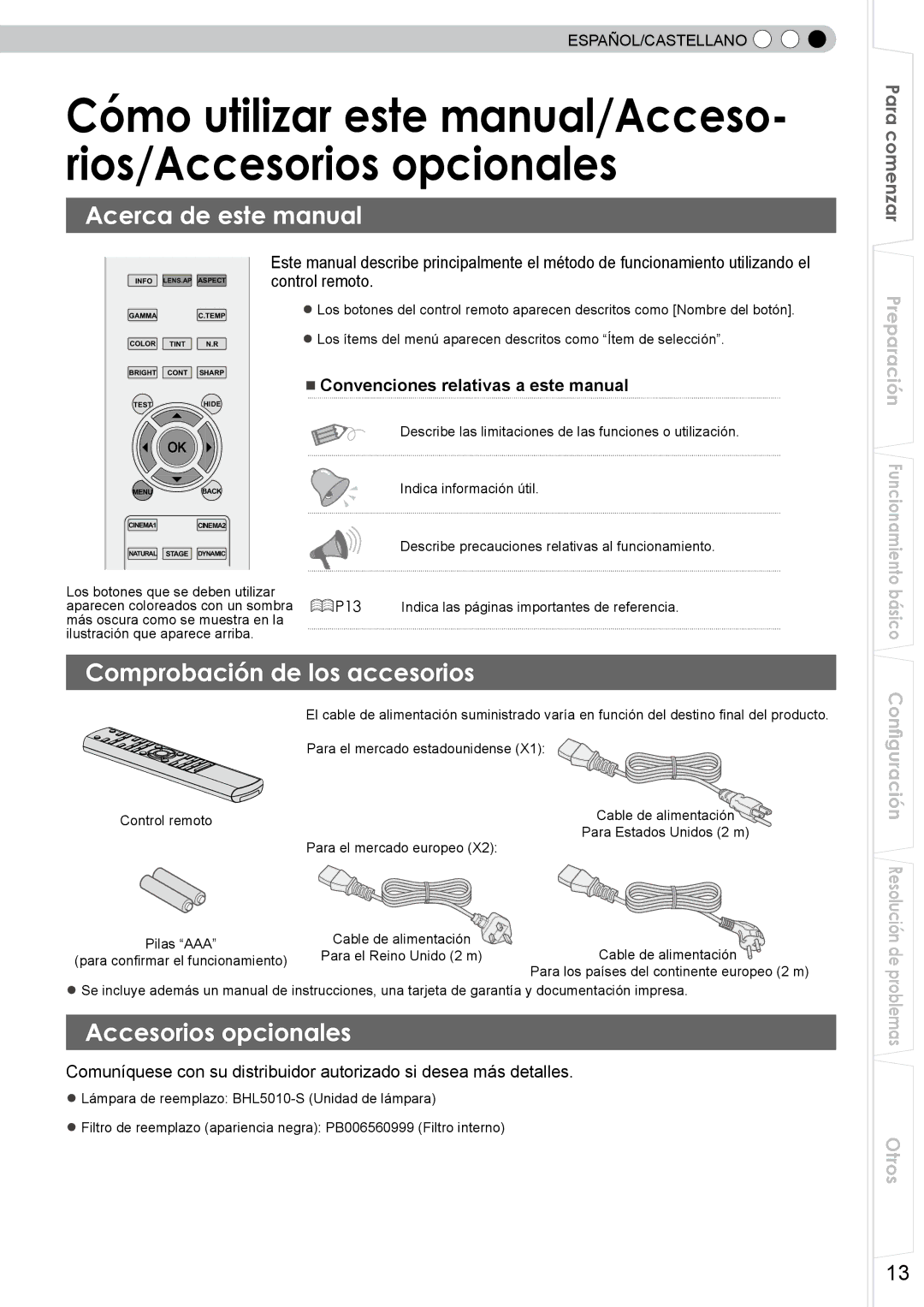 JVC DLA-RS10 Acerca de este manual, Comprobación de los accesorios, Accesorios opcionales 