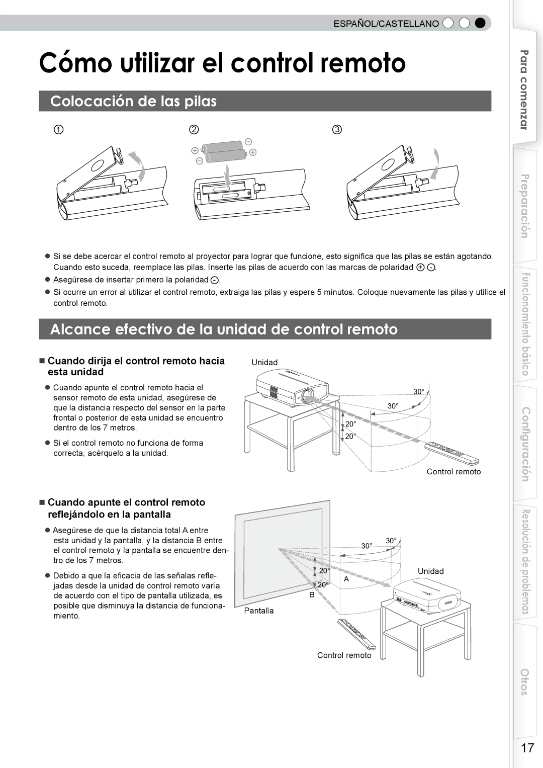 JVC DLA-RS10 Cómo utilizar el control remoto, Colocación de las pilas, Alcance efectivo de la unidad de control remoto 