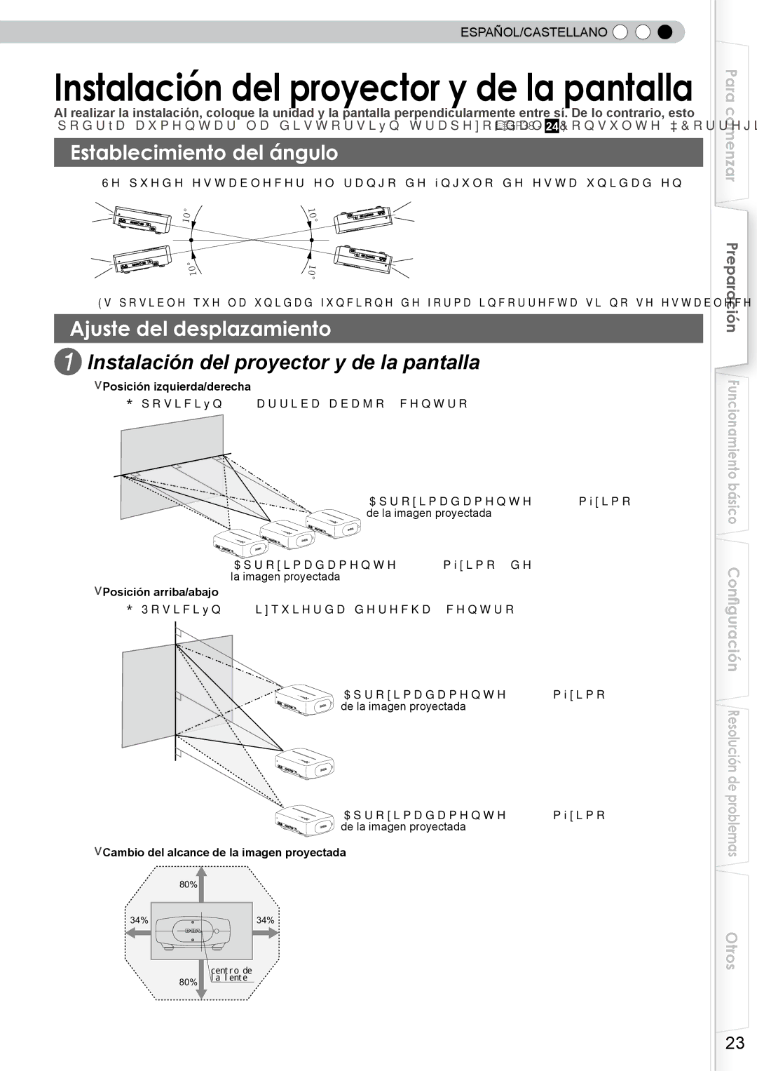 JVC DLA-RS10 manual Establecimiento del ángulo, Ajuste del desplazamiento, Instalación del proyector y de la pantalla 