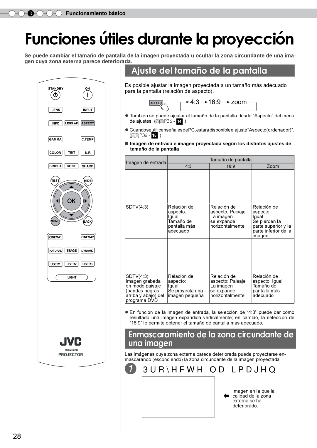 JVC DLA-RS10 Ajuste del tamaño de la pantalla, Enmascaramiento de la zona circundante de una imagen, Imagen de entrada 