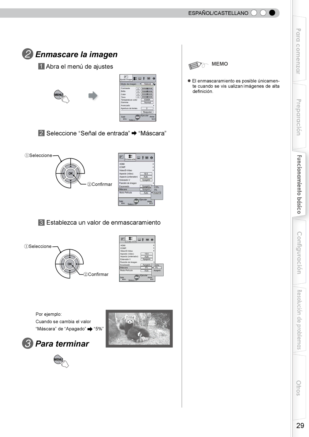 JVC DLA-RS10 manual Enmascare la imagen, Para terminar, Abra el menú de ajustes, Seleccione Señal de entrada Máscara 