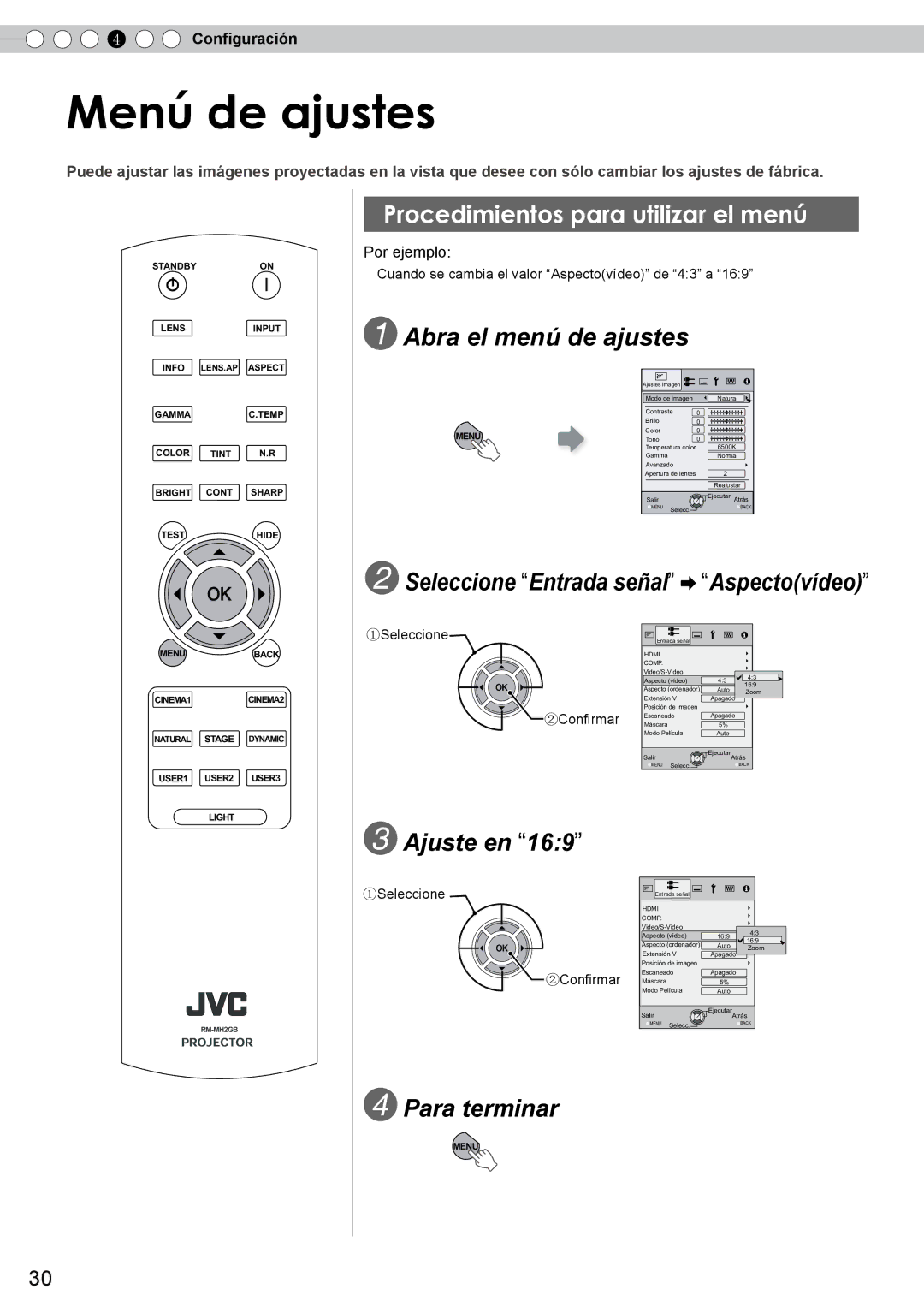 JVC DLA-RS10 Menú de ajustes, Procedimientos para utilizar el menú, Abra el menú de ajustes, Ajuste en, Configuración 