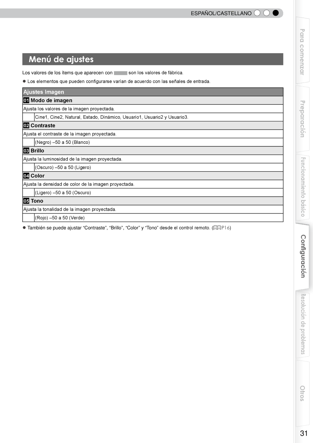 JVC DLA-RS10 manual Menú de ajustes, Ajustes Imagen, Modo de imagen, Brillo, Tono 