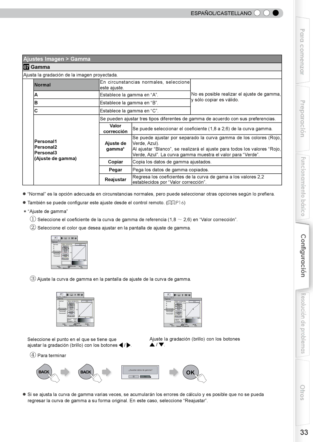 JVC DLA-RS10 manual Ajustes Imagen Gamma, Establece la gamma en B, Establece la gamma en C, Personal3 