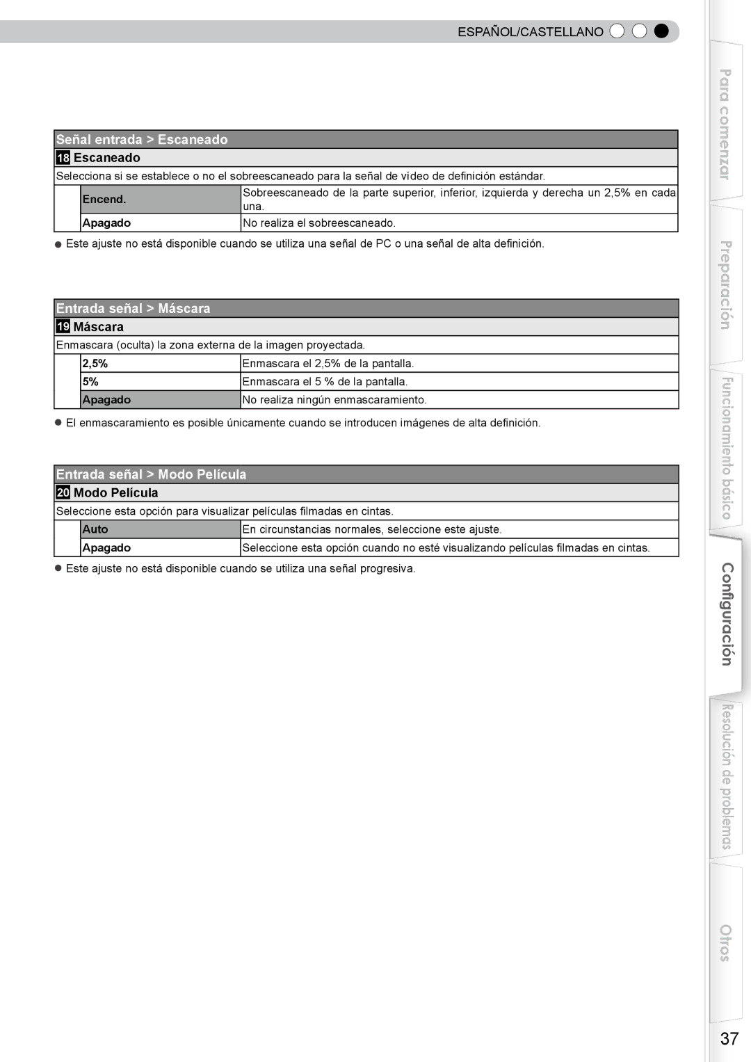 JVC DLA-RS10 manual Señal entrada Escaneado, Entrada señal Máscara, Entrada señal Modo Película 