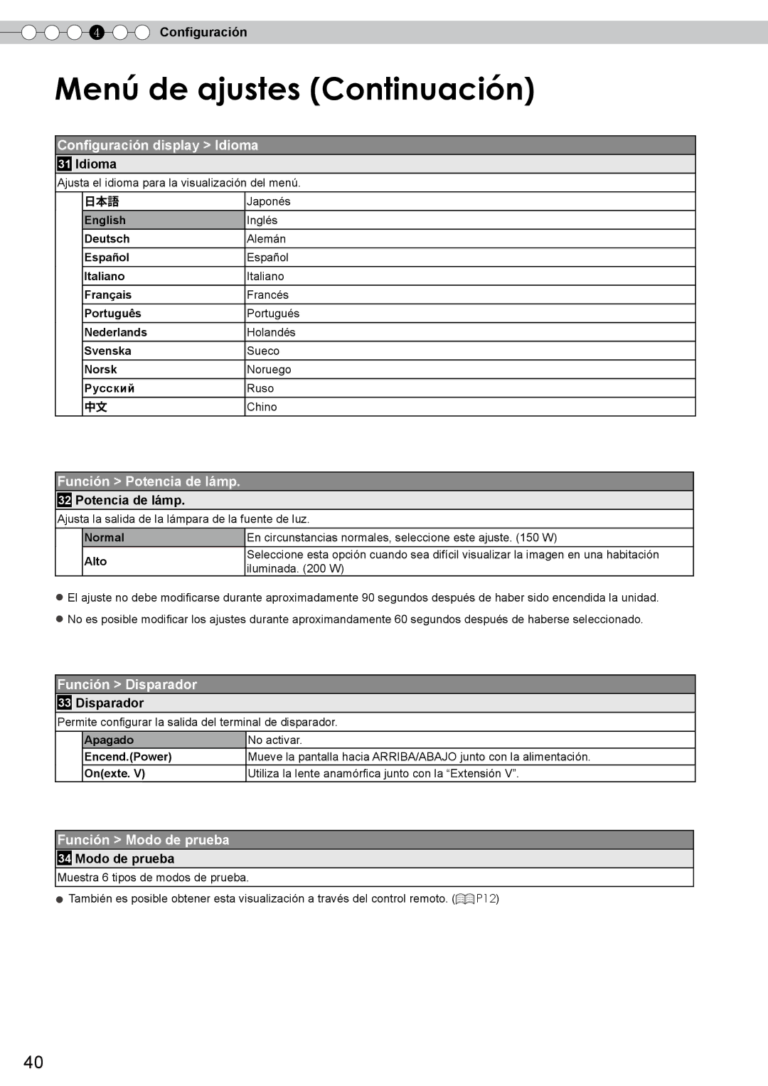 JVC DLA-RS10 manual Configuración display Idioma, Función Potencia de lámp, Función Disparador, Función Modo de prueba 