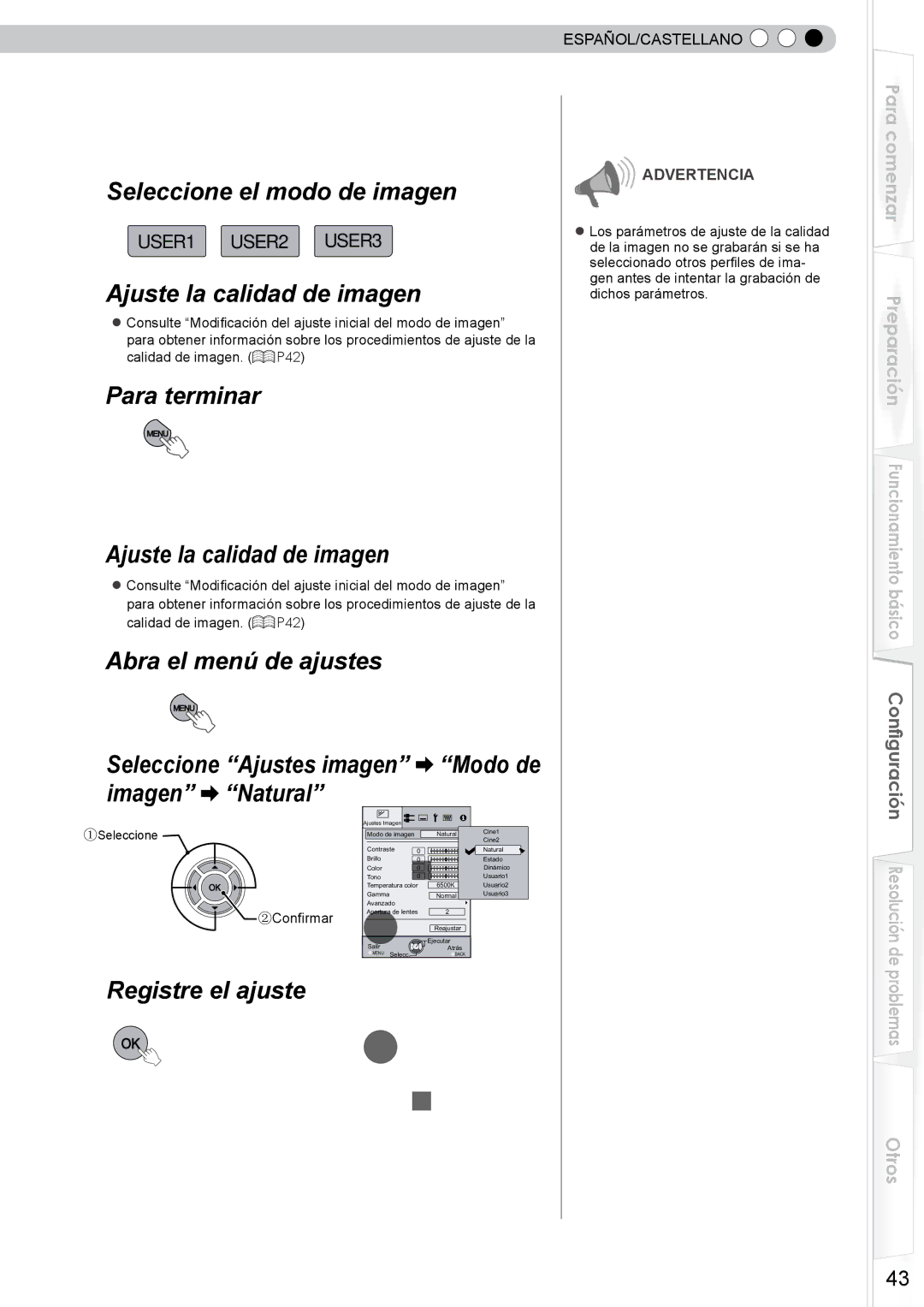 JVC DLA-RS10 Registro de un modo de imagen defini- do por el usuario, Ajuste la calidad de imagen, Registre el ajuste 