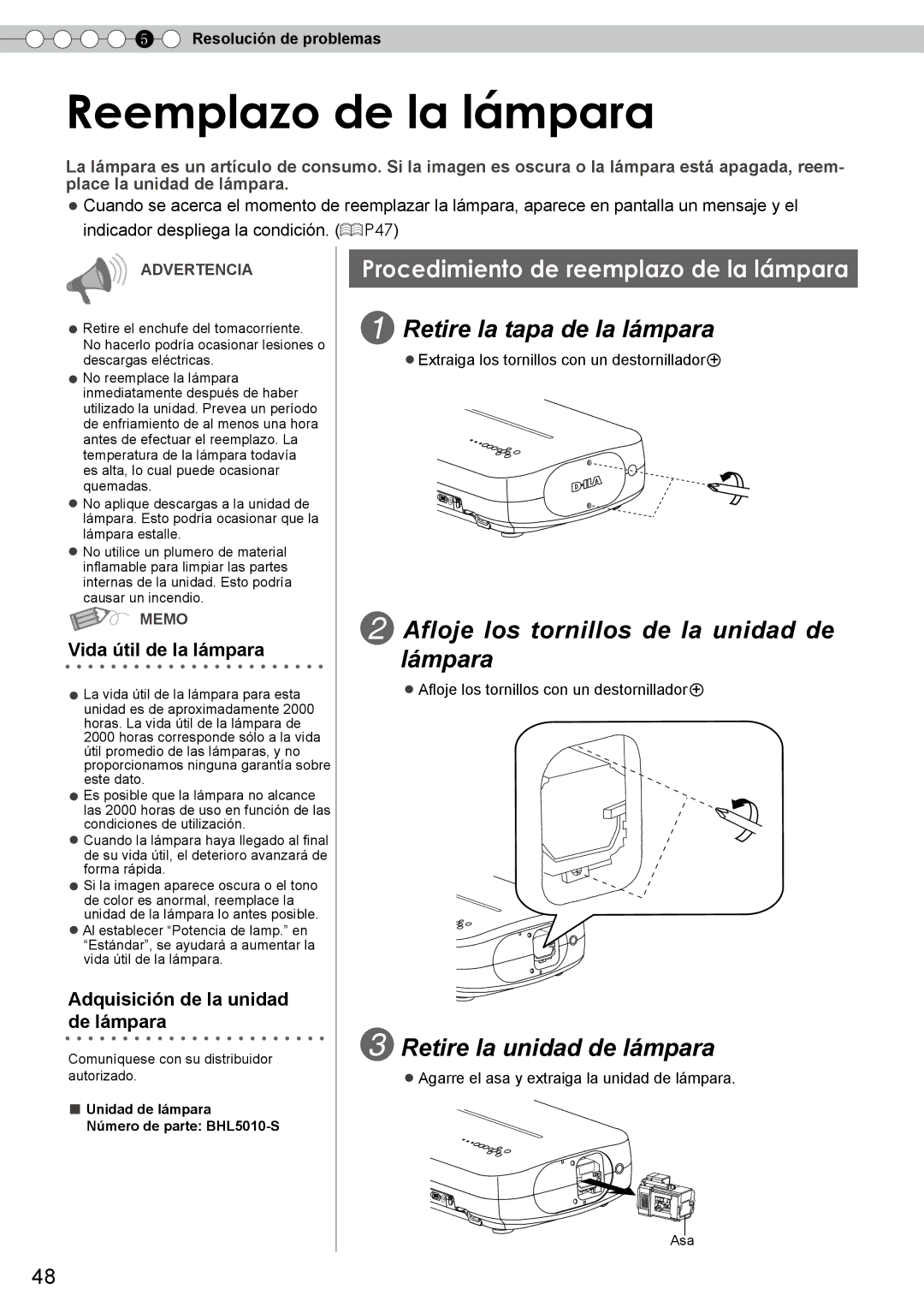 JVC DLA-RS10 manual Reemplazo de la lámpara, Retire la tapa de la lámpara, Afloje los tornillos de la unidad de lámpara 