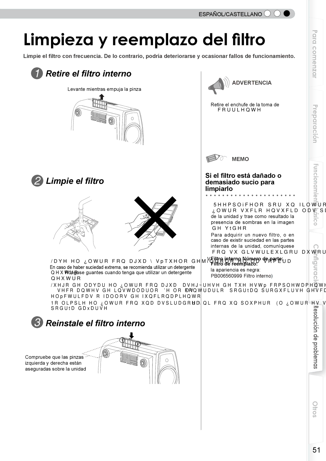 JVC DLA-RS10 Limpieza y reemplazo del filtro, Retire el filtro interno, Limpie el filtro, Reinstale el filtro interno 