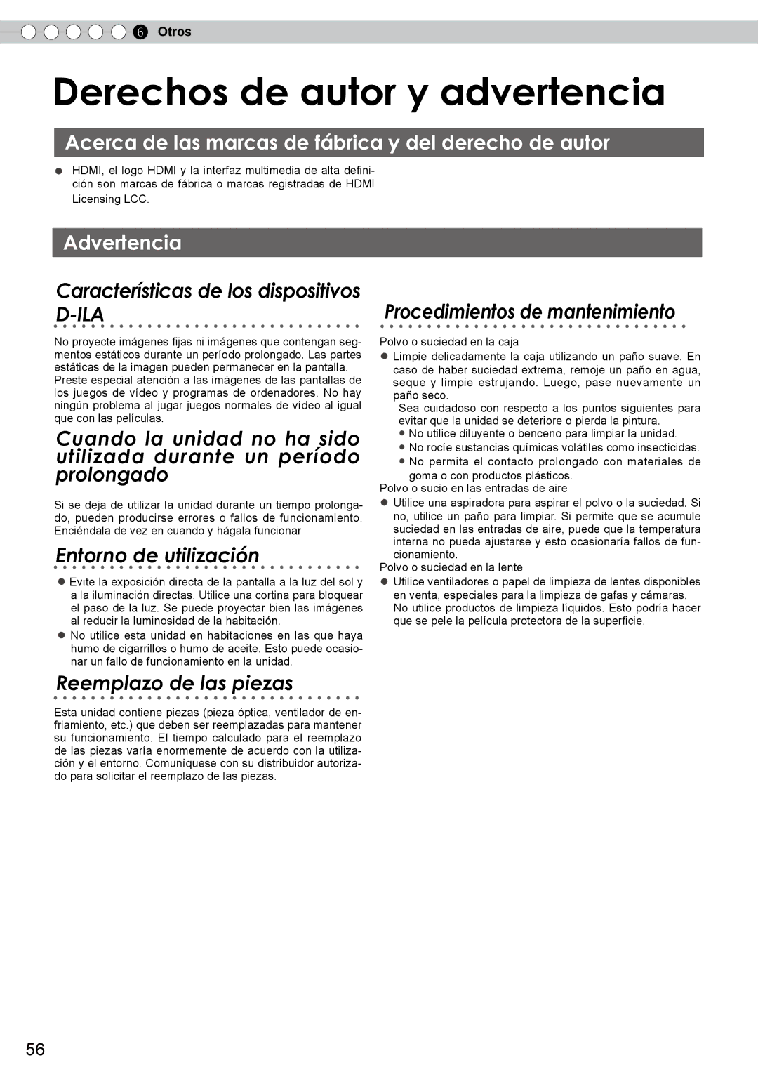 JVC DLA-RS10 manual Derechos de autor y advertencia, Acerca de las marcas de fábrica y del derecho de autor, Advertencia 