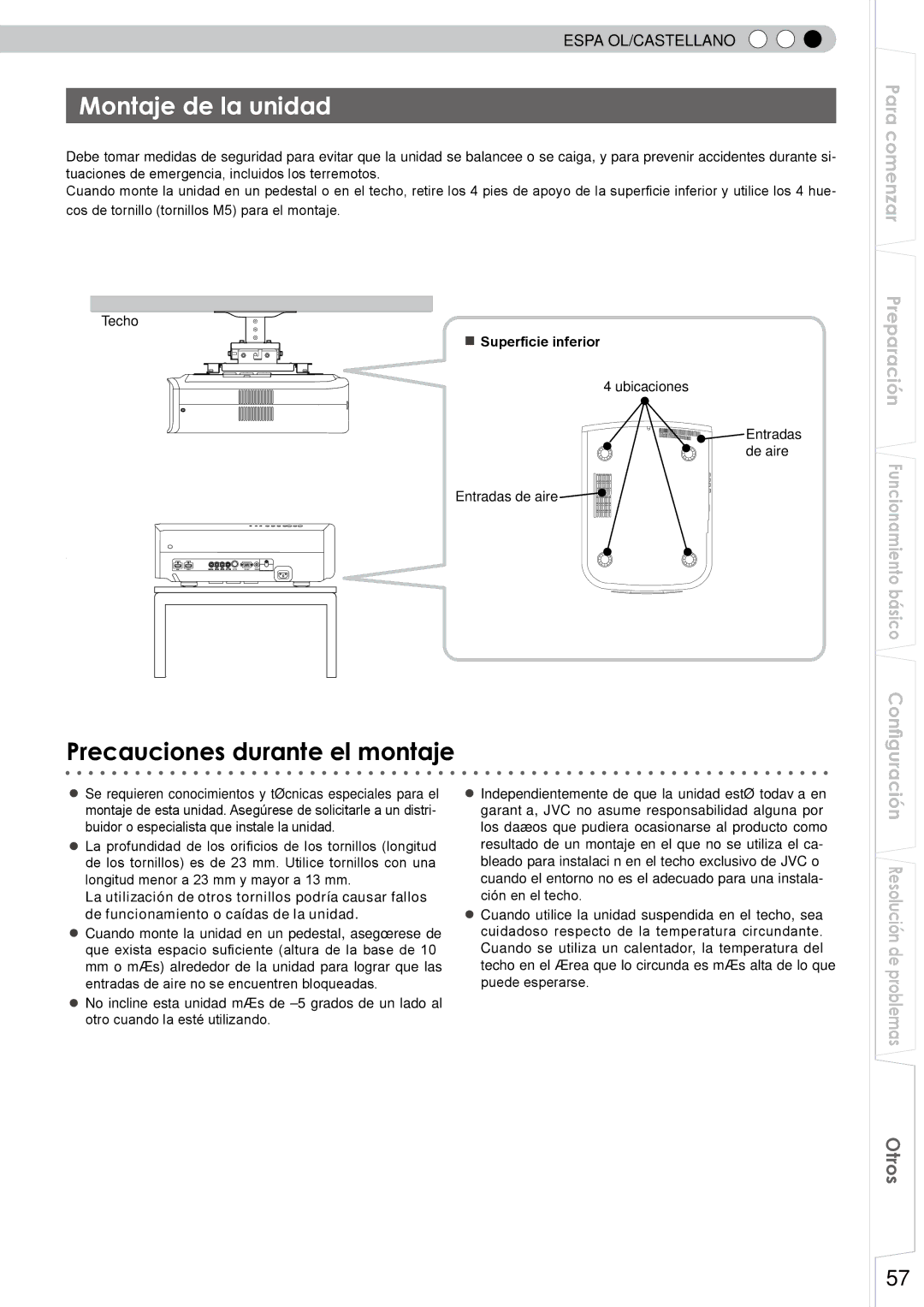 JVC DLA-RS10 manual Montaje de la unidad, Superficie inferior, Ubicaciones Entradas de aire 