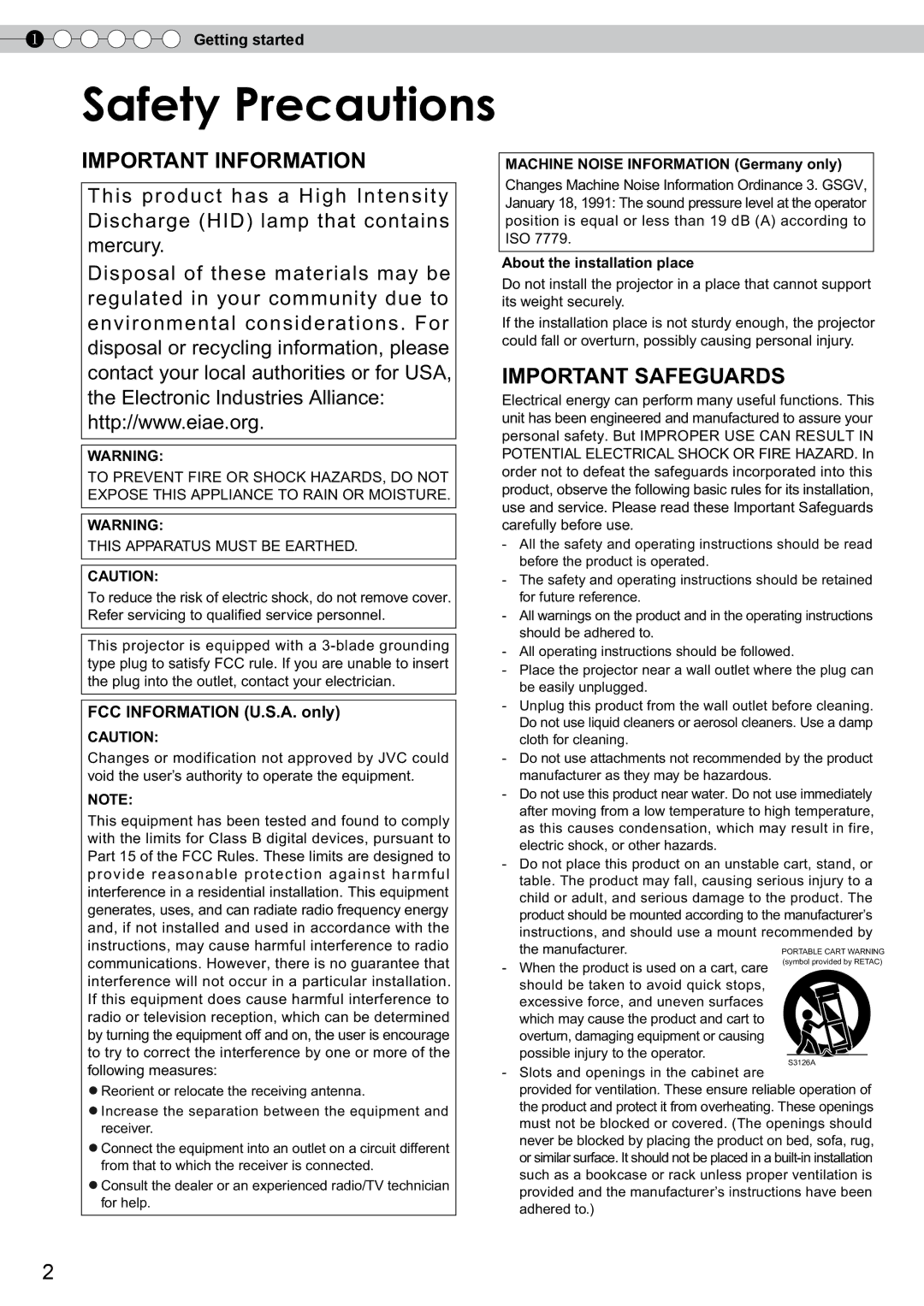 JVC DLA-RS10 manual Safety Precautions, Machine Noise Information Germany only, About the installation place, Manufacturer 