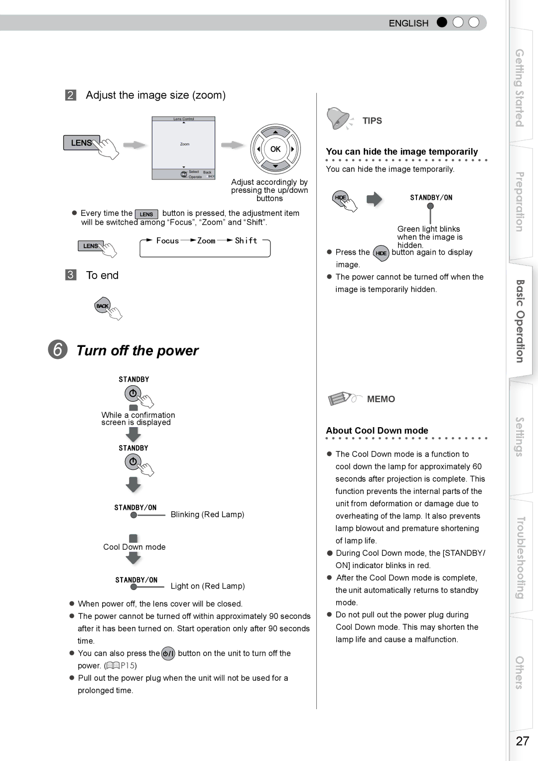 JVC DLA-RS10 manual Turn off the power, Adjust the image size zoom, To end, You can hide the image temporarily 