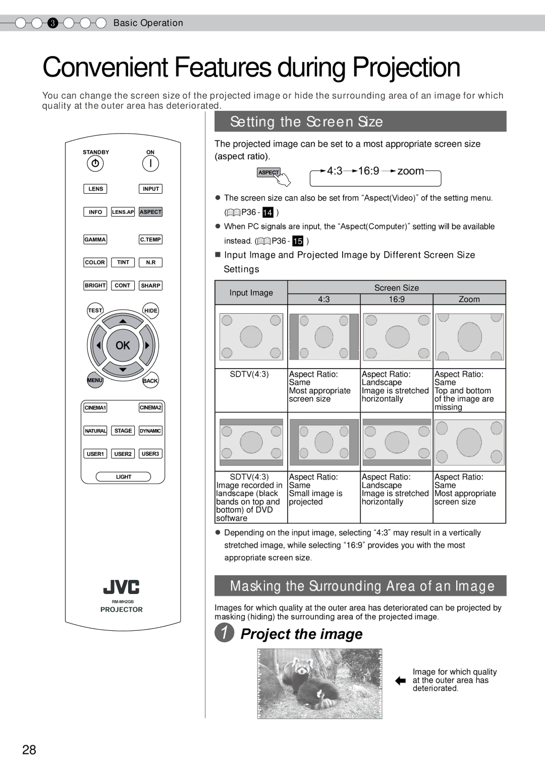 JVC DLA-RS10 manual Setting the Screen Size, Masking the Surrounding Area of an Image, Aspect 43 169 zoom 