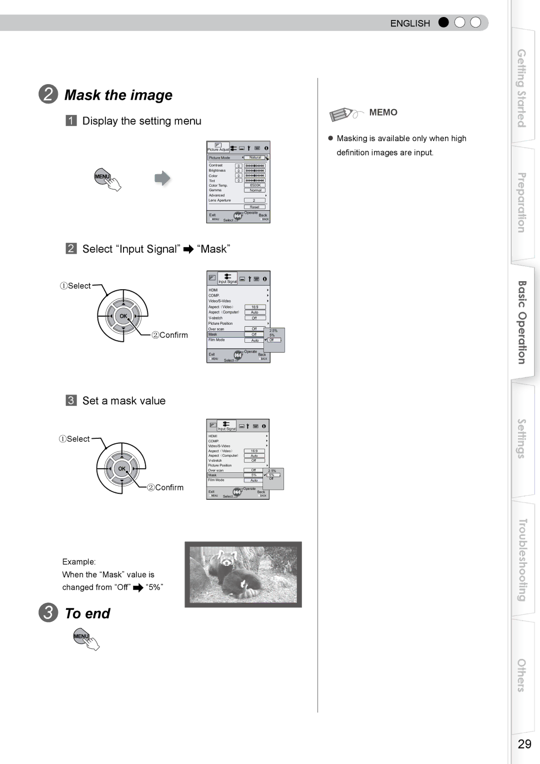 JVC DLA-RS10 manual Mask the image, To end, Display the setting menu, Select Input Signal Mask, Set a mask value 