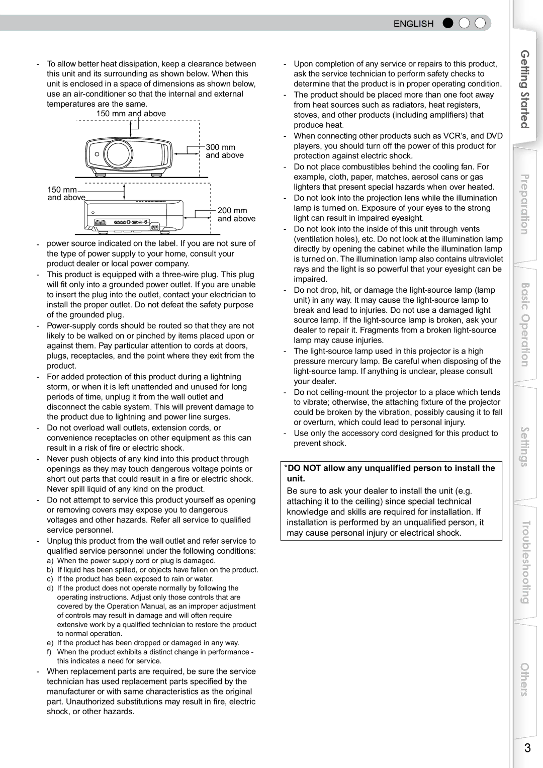 JVC DLA-RS10 manual English, Do not allow any unqualified person to install the unit 