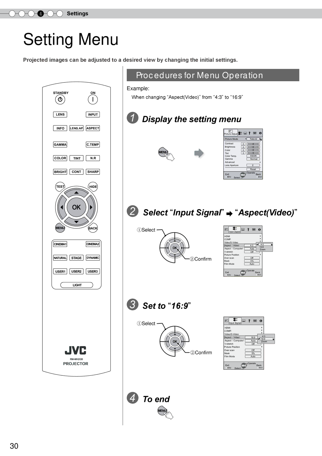 JVC DLA-RS10 manual Setting Menu, Procedures for Menu Operation, Display the setting menu, Select Input Signal AspectVideo 