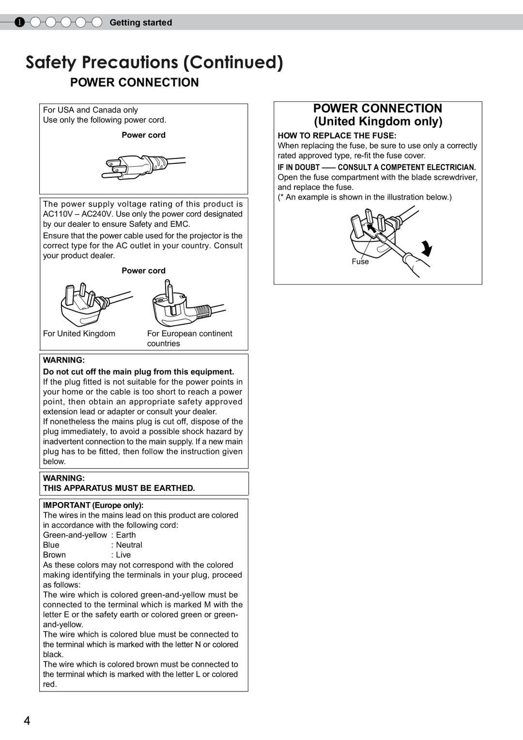 JVC DLA-RS10 manual For USA and Canada only Use only the following power cord, Power cord, Important Europe only 