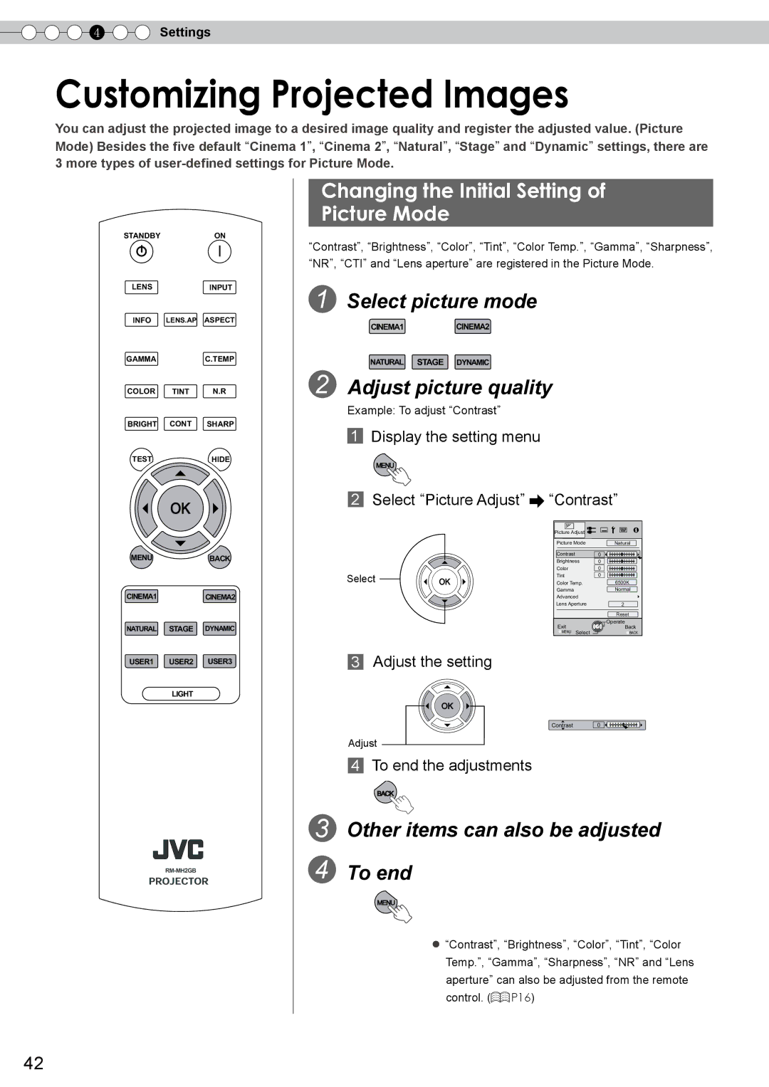 JVC DLA-RS10 manual Customizing Projected Images, Changing the Initial Setting Picture Mode, Select picture mode 