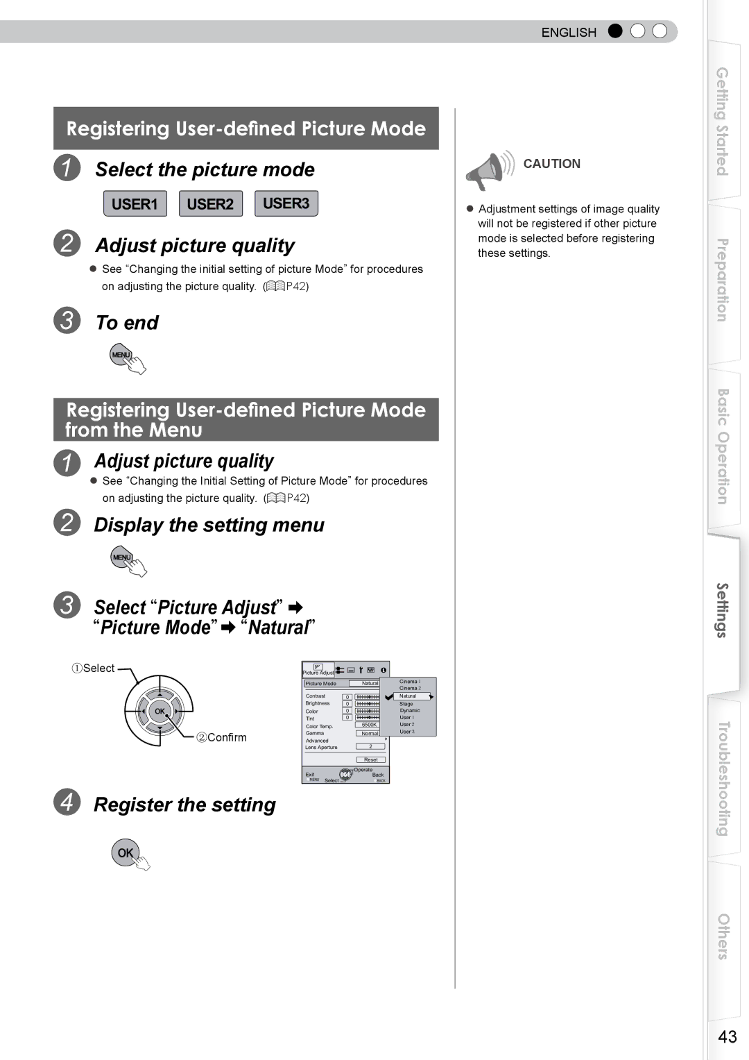 JVC DLA-RS10 manual Registering User-defined Picture Mode, Select the picture mode, Register the setting 