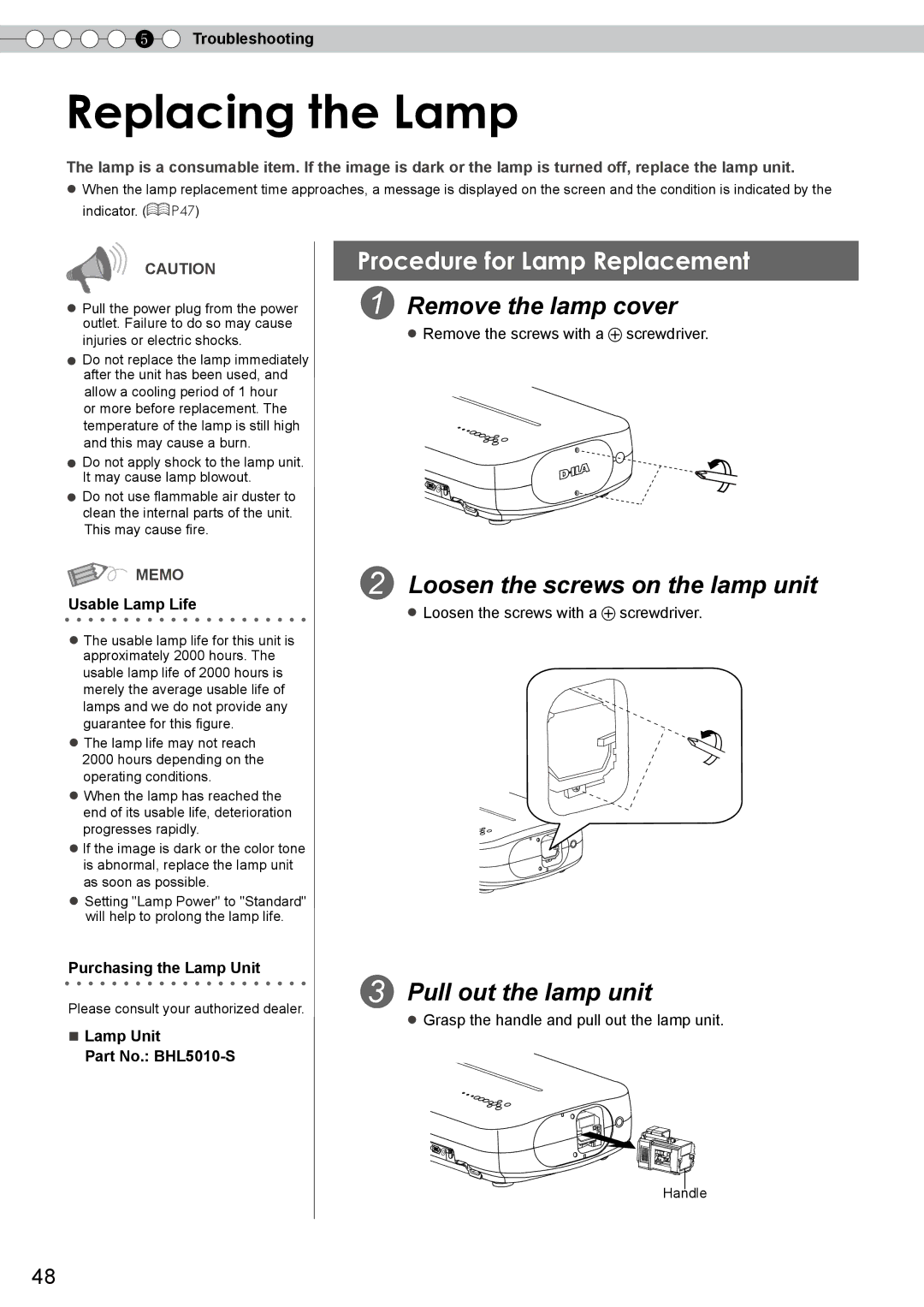 JVC DLA-RS10 manual Replacing the Lamp, Remove the lamp cover, Loosen the screws on the lamp unit, Pull out the lamp unit 