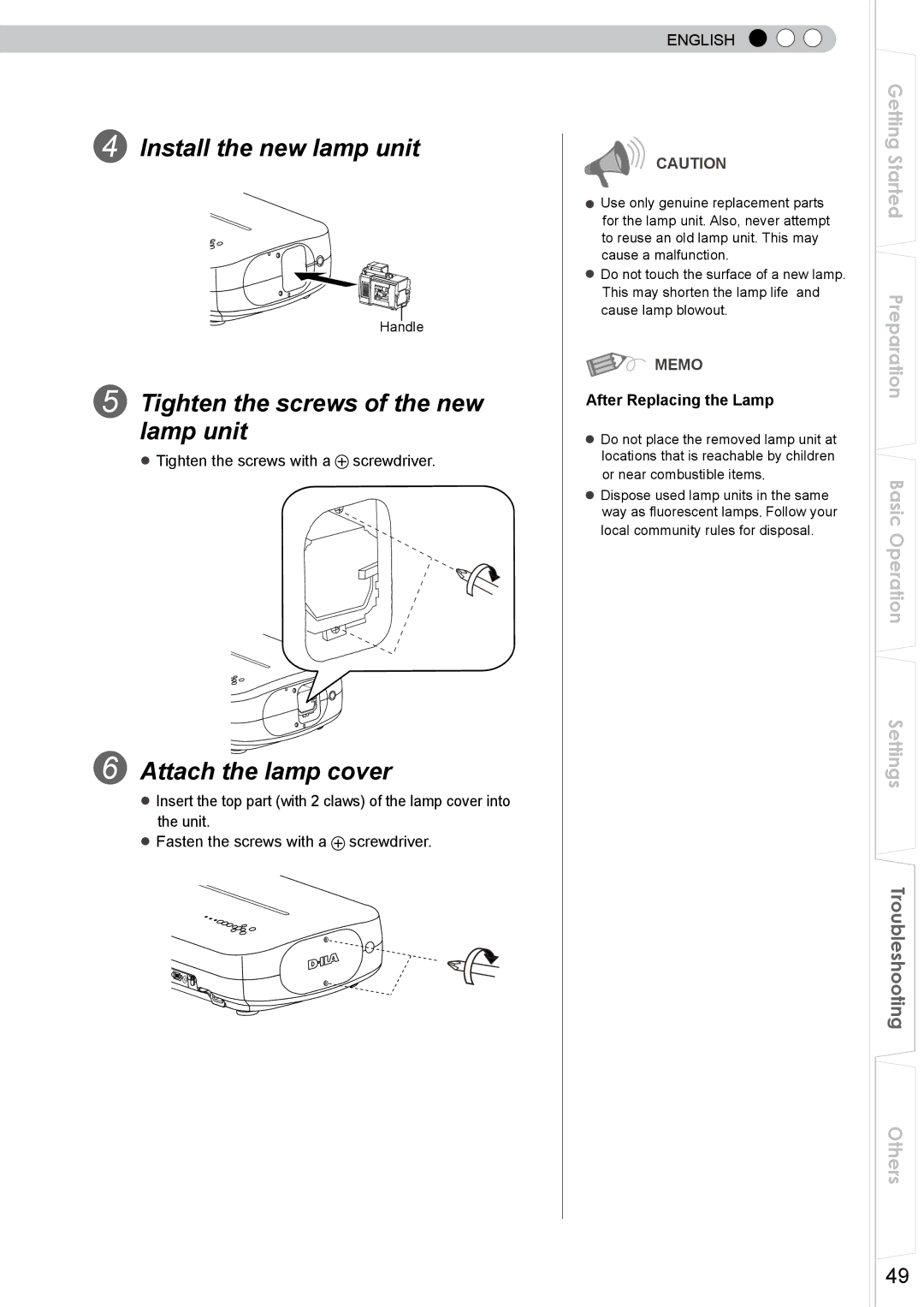 JVC DLA-RS10 manual Install the new lamp unit, Tighten the screws of the new lamp unit, Attach the lamp cover 