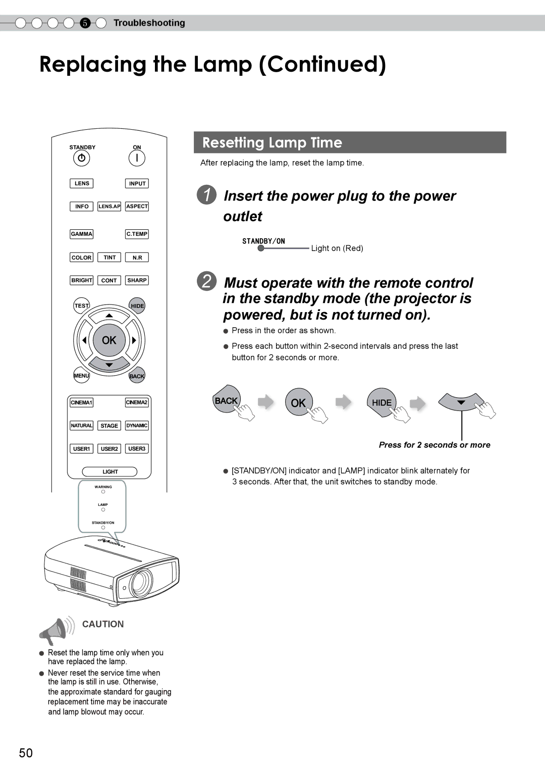 JVC DLA-RS10 manual Replacing the Lamp, Resetting Lamp Time, After replacing the lamp, reset the lamp time 