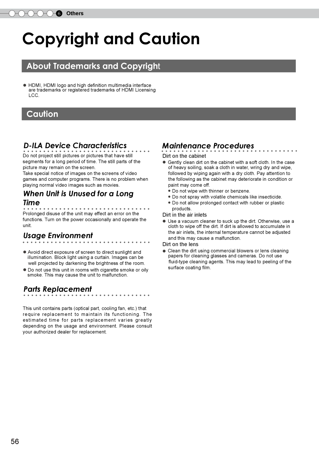 JVC DLA-RS10 manual Copyright and Caution, About Trademarks and Copyright, Dirt on the cabinet, Dirt in the air inlets 