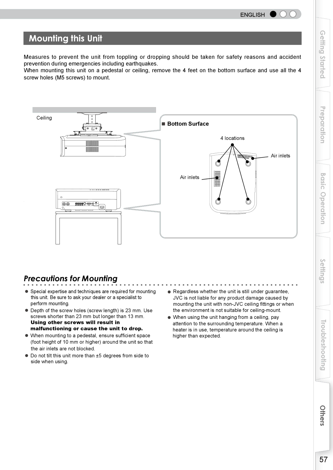 JVC DLA-RS10 manual Mounting this Unit, Ceiling, Locations Air inlets 