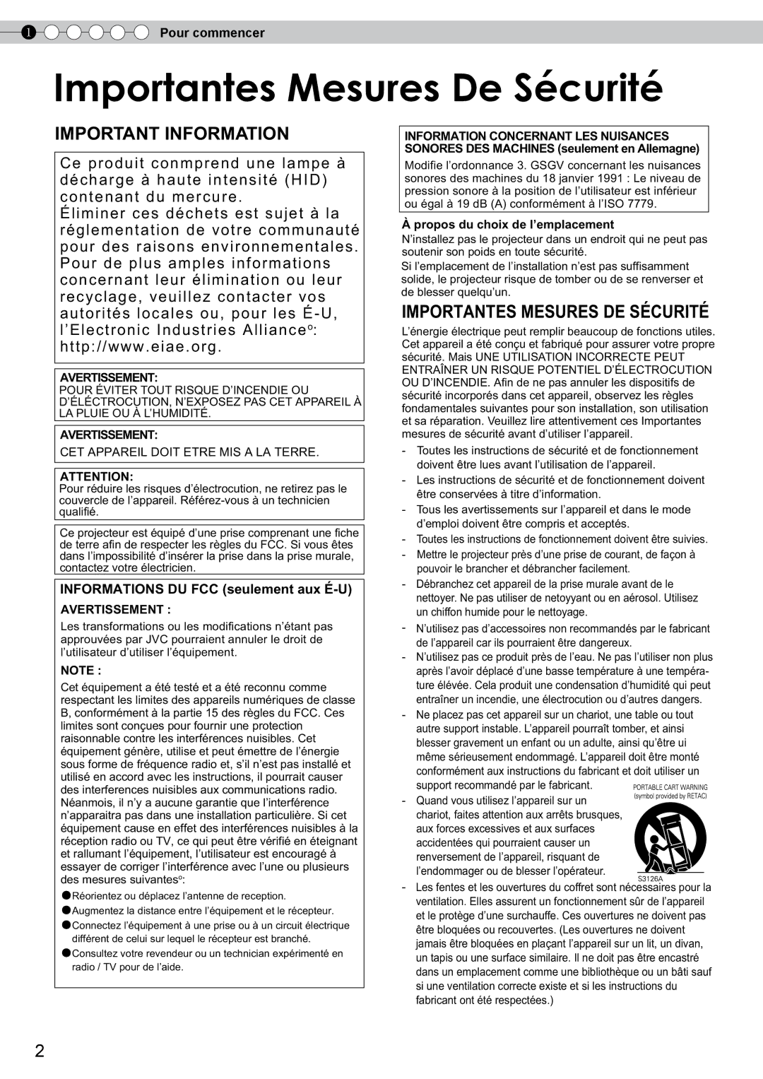 JVC DLA-RS10 manual Importantesortantes MesuresMesuresDeDeSécuritéSécurité, Propos du choix de l’emplacement 