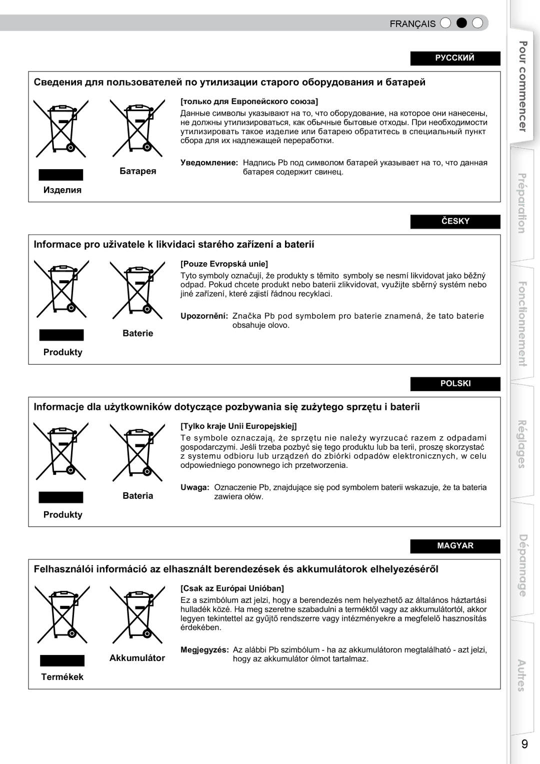 JVC DLA-RS10 manual Akkumulátor Termékek, Tylko kraje Unii Europejskiej 