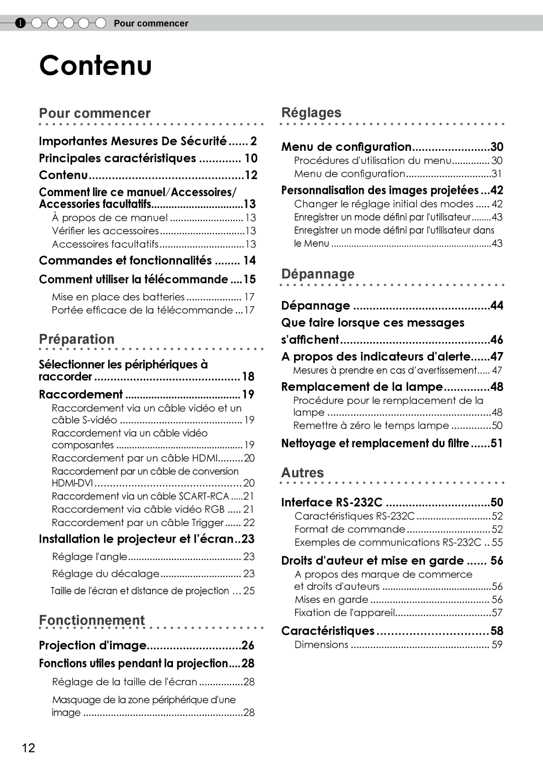 JVC DLA-RS10 manual Contenu, Pour commencer 