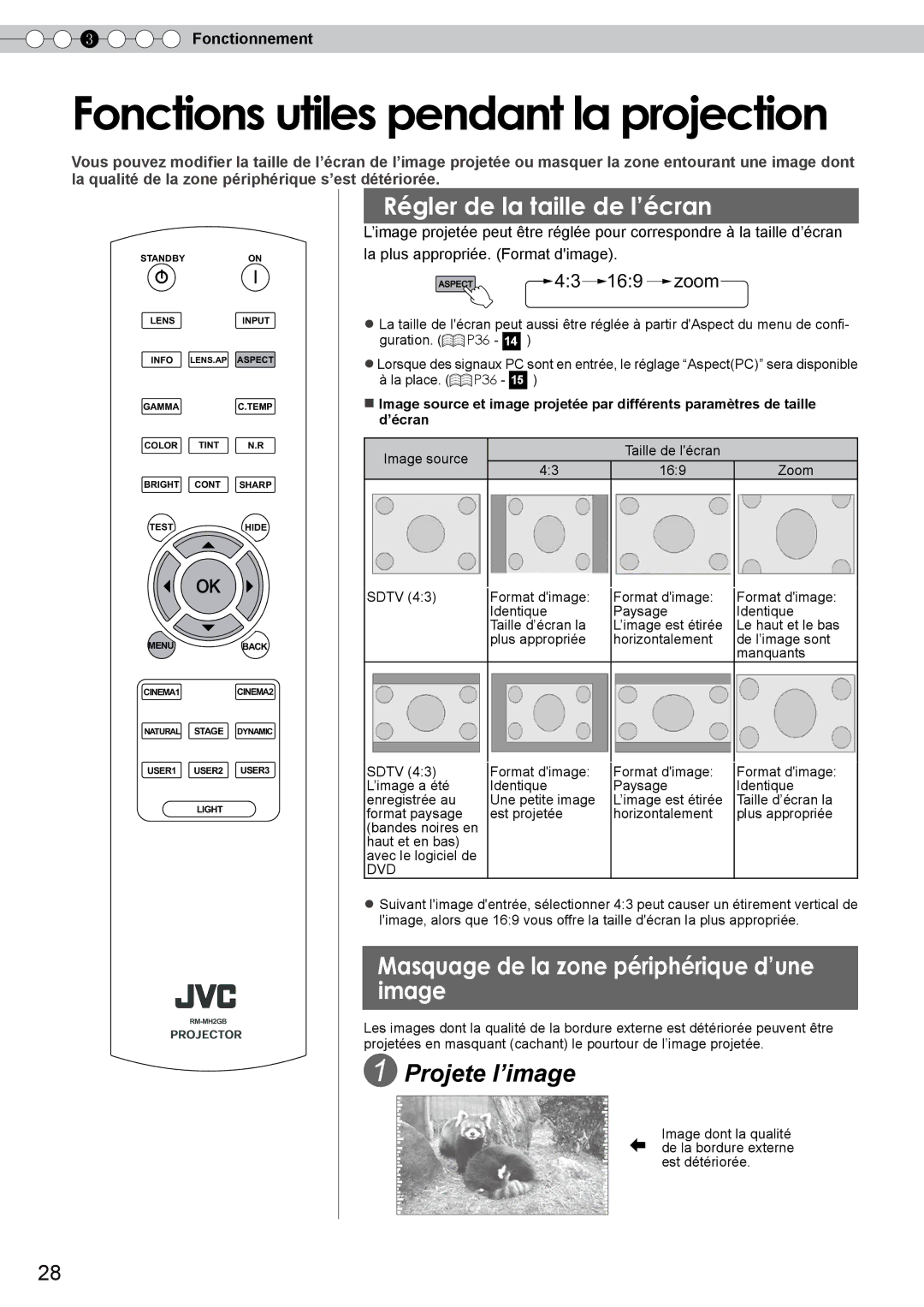 JVC DLA-RS10 manual Fonctions utiles pendant la projection, Régler de la taille de l’écran 