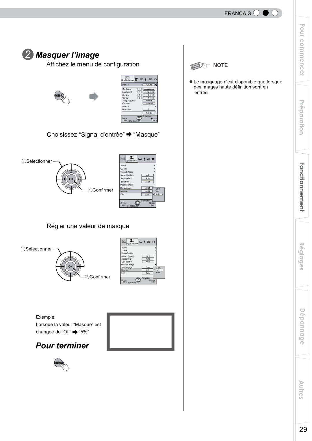 JVC DLA-RS10 manual Masquer l’image, Pour terminer, Affichez le menu de configuration, Choisissez Signal dentrée Masque 