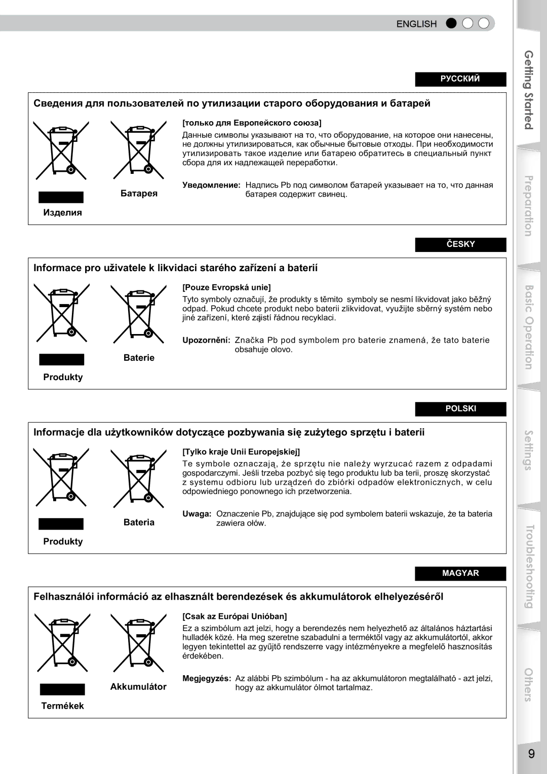 JVC DLA-RS10 manual Батарея Изделия, Baterie Produkty, Bateria Produkty, Termékek 