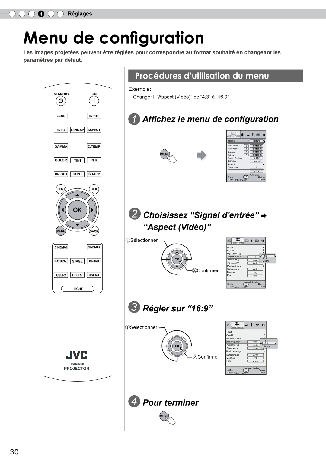 JVC DLA-RS10 manual Menu de configuration, Procédures d’utilisation du menu, Affichez le menu de configuration, Régler sur 