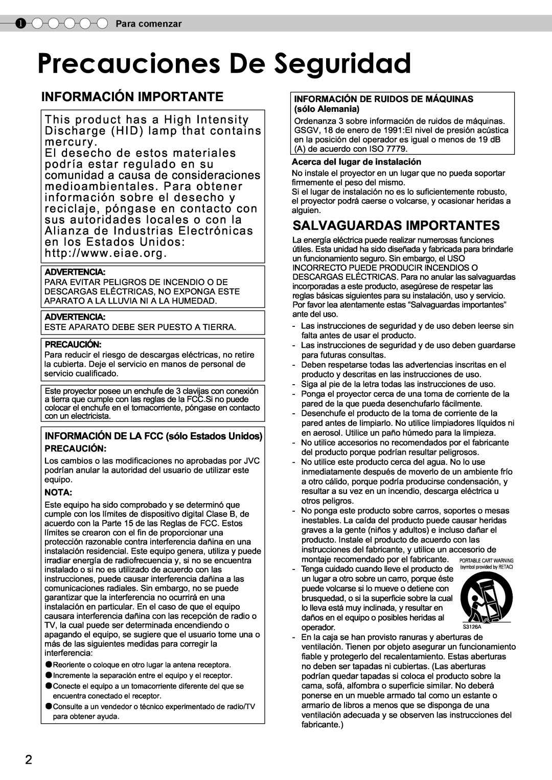 JVC DLA-RS10 Información Importante, Salvaguardas Importantes, Precaucionesr uciones DeDeSeguridadSeguridad, Advertencia 