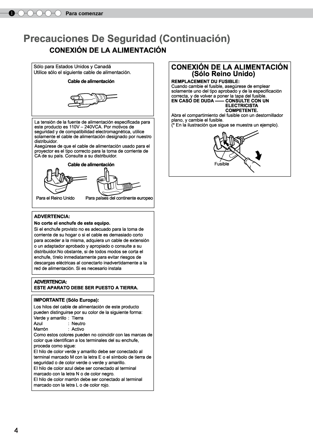 JVC DLA-RS10 manual Conexión De La Alimentación, CONEXIÓN DE LA ALIMENTACIÓN Sólo Reino Unido, Para comenzar 