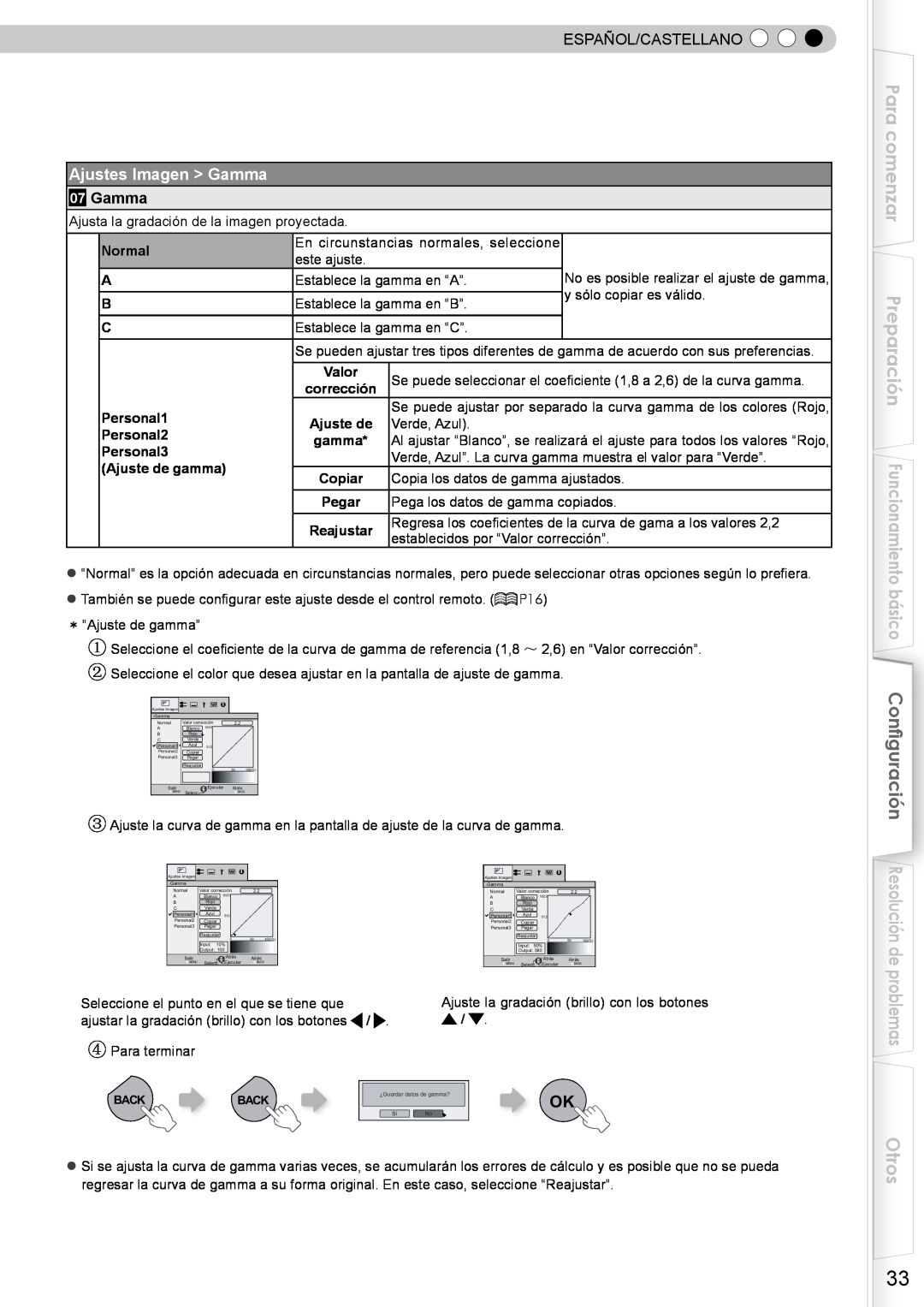 JVC DLA-RS10 manual Para comenzar, Otros, Ajustes Imagen Gamma, Español/Castellano, y sólo copiar es válido 