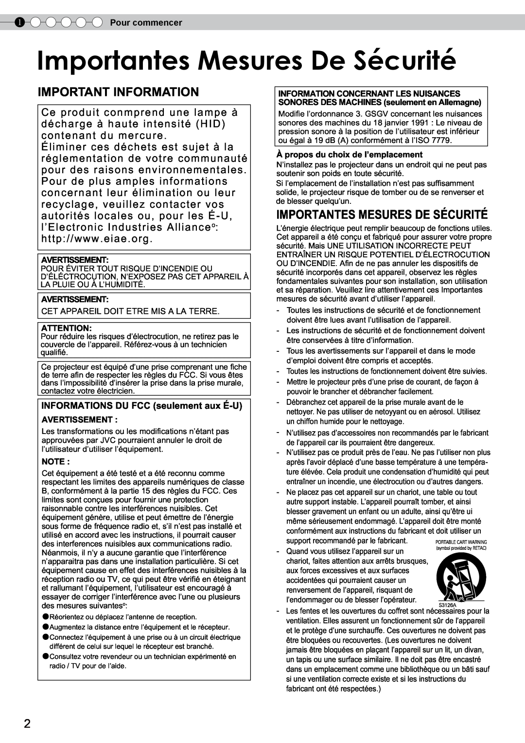 JVC DLA-RS10 manual Importantesortantes MesuresMesuresDeDeSécuritéSécurité, Importantes Mesures De Sécurité 
