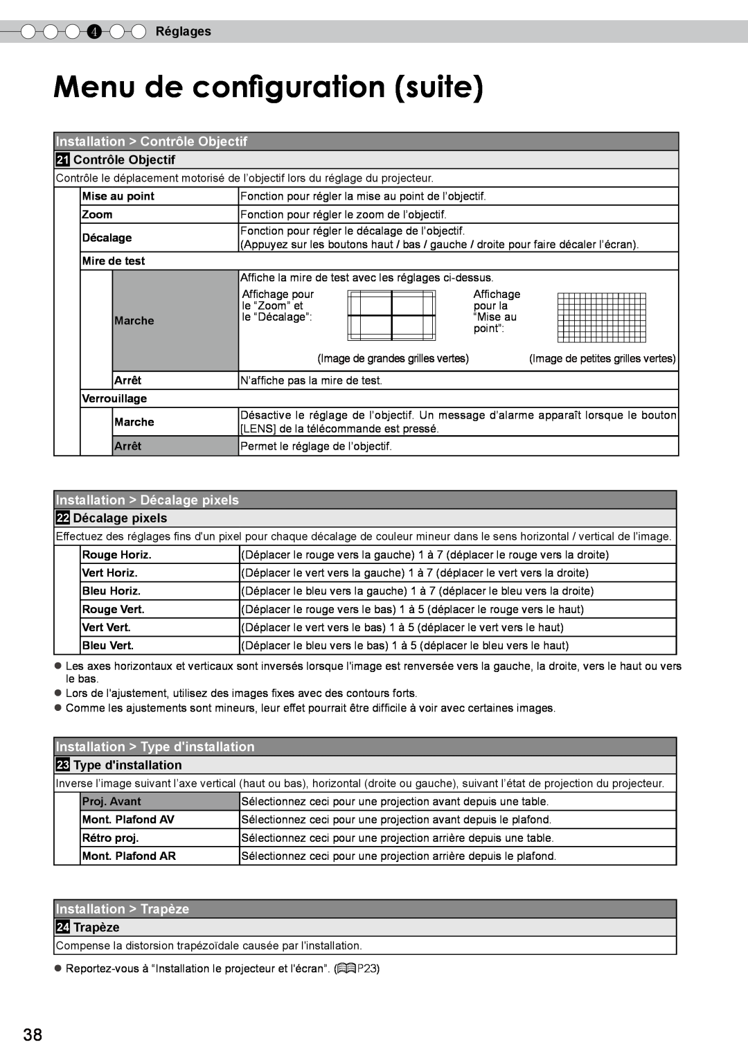 JVC DLA-RS10 manual Menu de configuration suite, Installation Contrôle Objectif, Installation Décalage pixels, 4 Réglages 