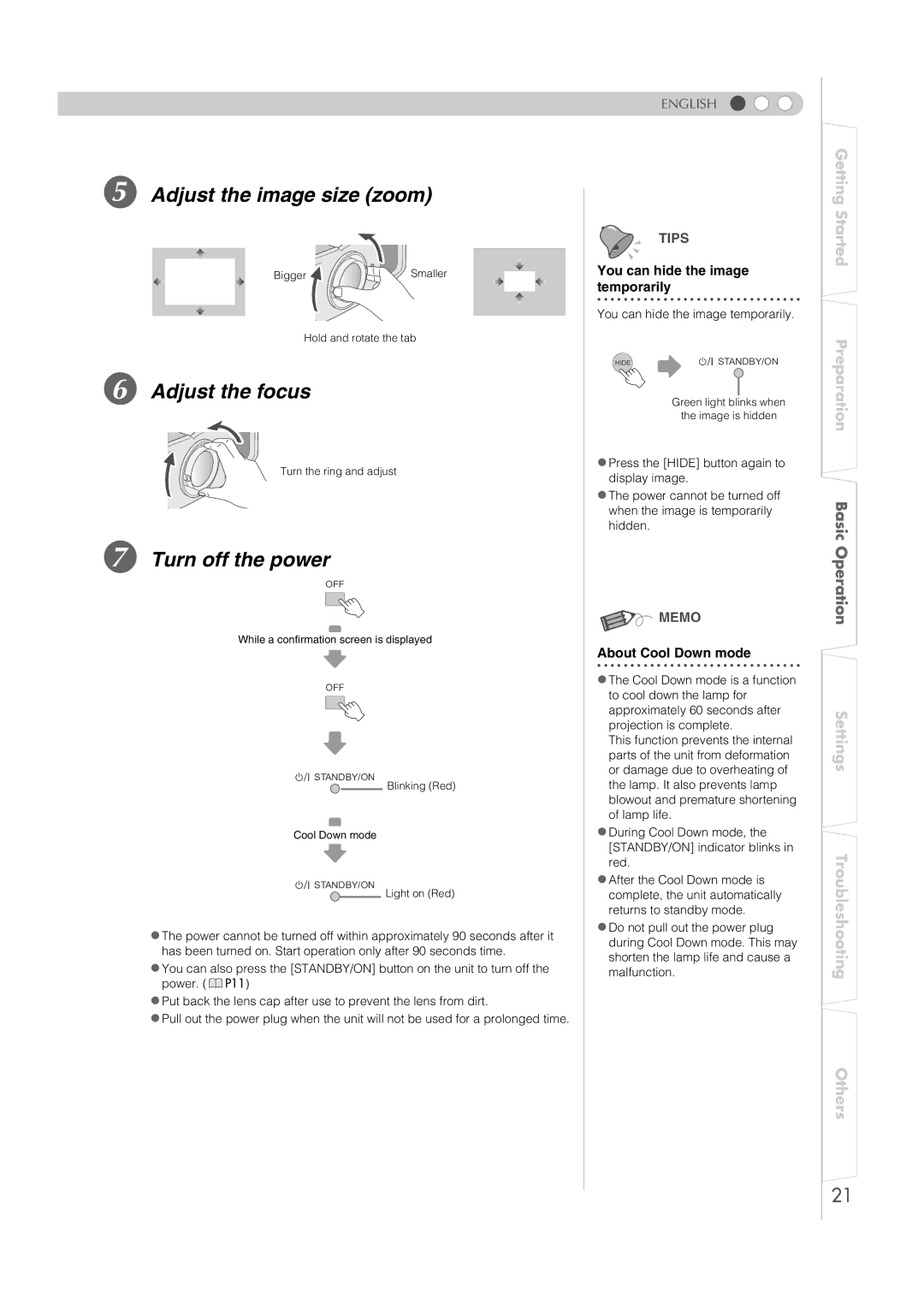 JVC DLA-RS1X manual Adjust the image size zoom, Adjust the focus, Turn off the power, You can hide the image Temporarily 