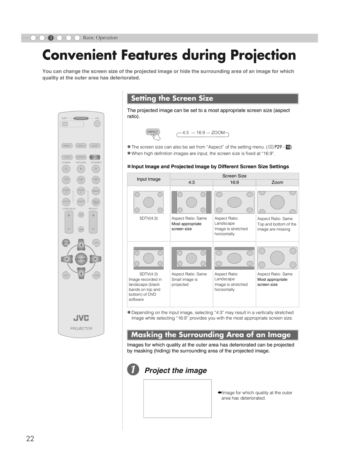 JVC DLA-RS1X manual Convenient Features during Projection, Project the image, Setting the Screen Size 