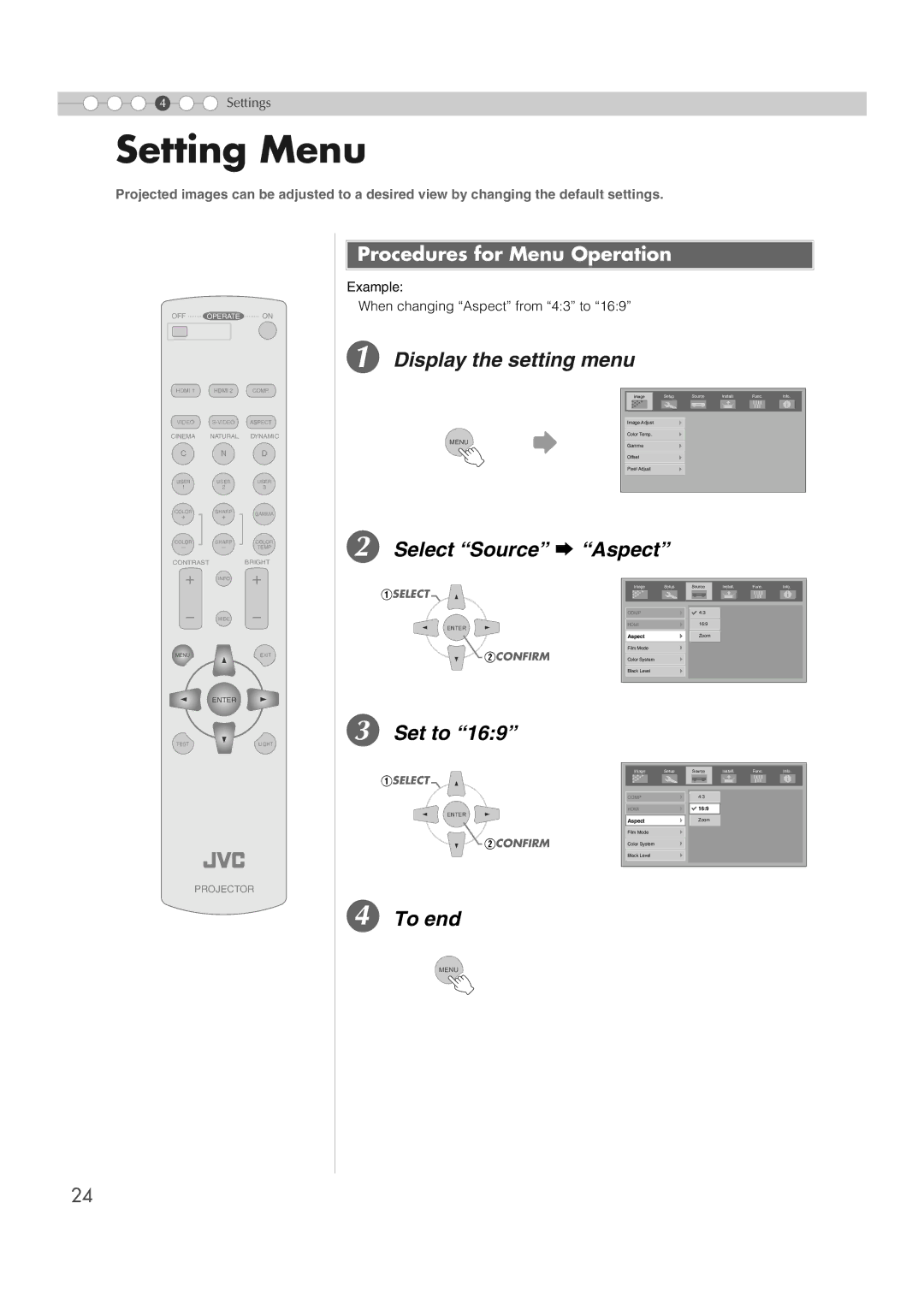 JVC DLA-RS1X manual Setting Menu, Display the setting menu, Select Source g Aspect, Set to, Procedures for Menu Operation 