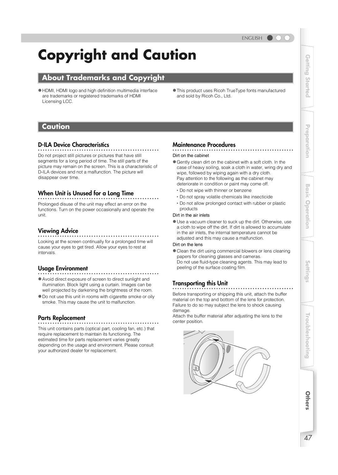 JVC DLA-RS1X manual Copyright and Caution, About Trademarks and Copyright 