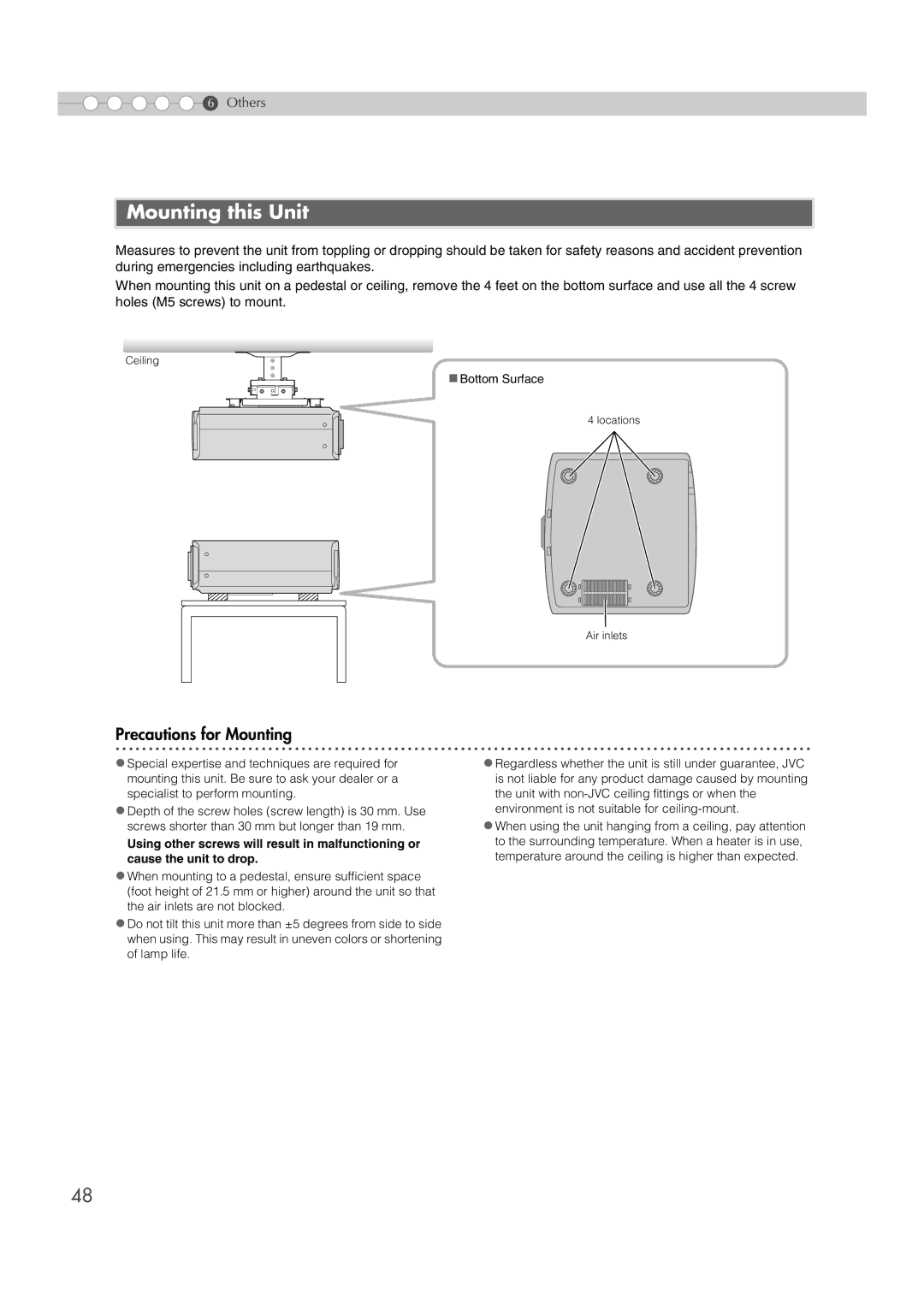 JVC DLA-RS1X manual Mounting this Unit, Precautions for Mounting 