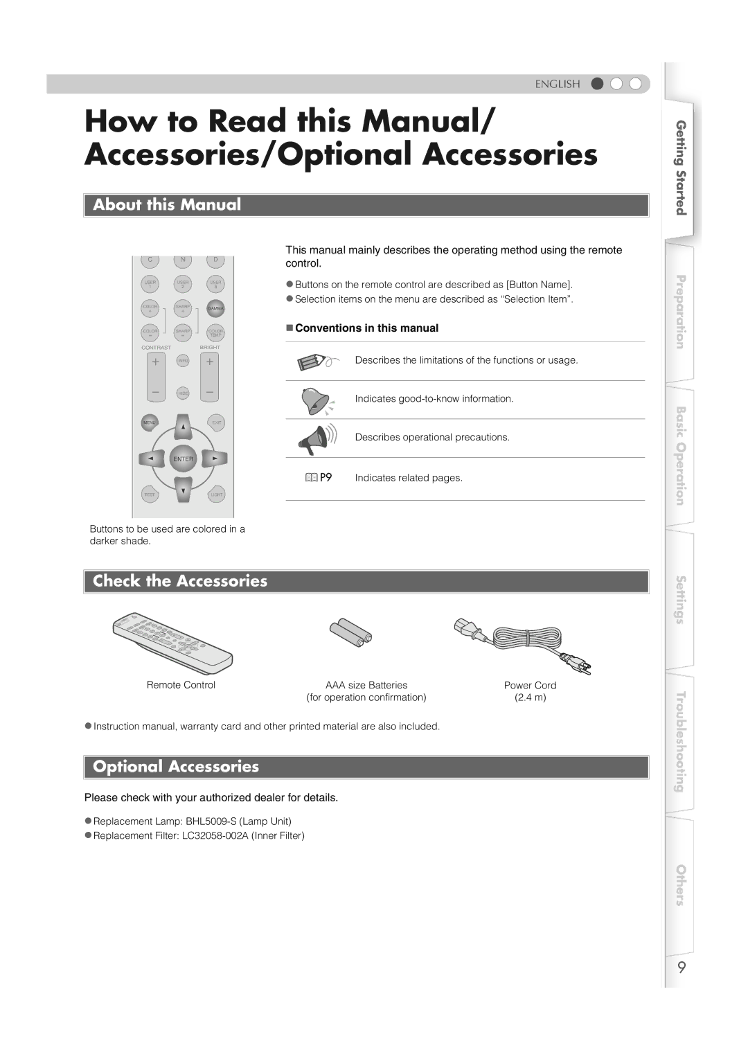 JVC DLA-RS1X manual How to Read this Manual/ Accessories/Optional Accessories, About this Manual, Check the Accessories 