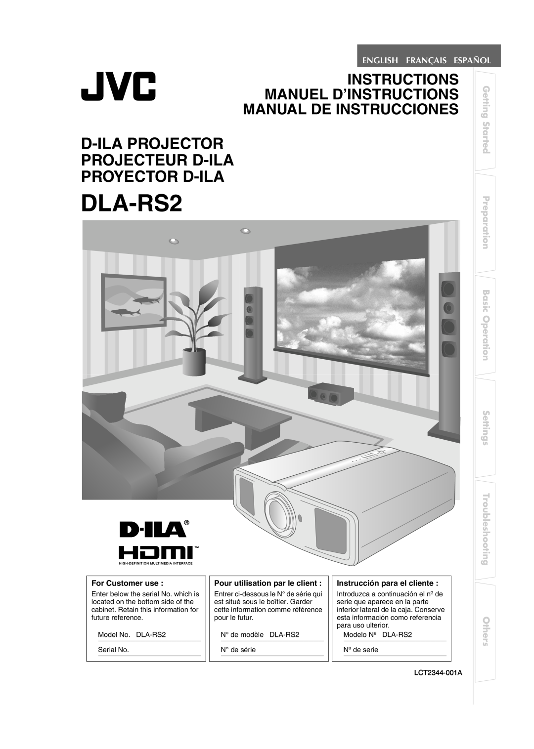 JVC DLA-RS2 manual D-Ila Projector Projecteur D-Ila Proyector D-Ila, English Français Español, Others, For Customer use 