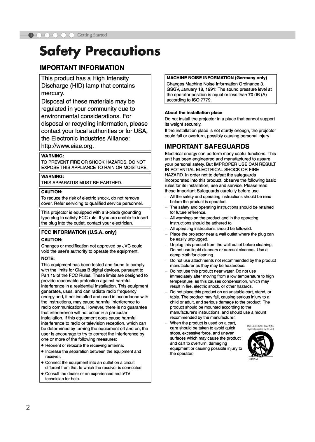 JVC DLA-RS2 manual Safety Precautions, Important Information, Important Safeguards, FCC INFORMATION U.S.A. only 
